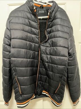 Silver Jeans Black Quilted Puffer Jacket with Orange Trim